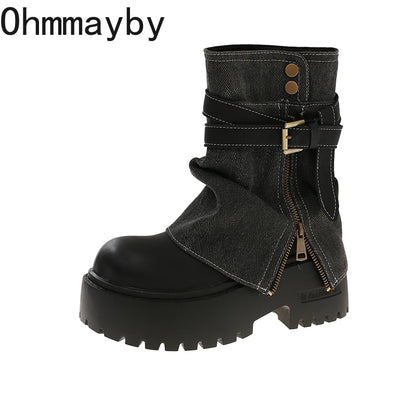 Winter Punk Style Women Ankle Boots Fashion Belt Buckle Shoes Ladies Concise Chunky Platform Heel Short Booties Zapatos De Mujer.