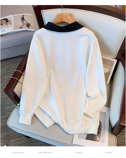 175kg plus size Damen büste Frühling Herbst loser Polo kragen Kaninchen besticktes Sweatshirt schwarz weiß 5xl 6xl 7xl 8xl 9xl