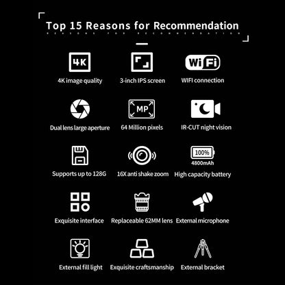 3 Inch IPS Digital Camera 4K 64MP Color Display 16X Digital Zoom HD Vlogging Digital Camera for Photography Video.