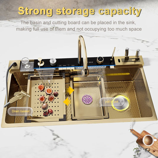 Golden Stainless Steel Waterfall Kitchen Sink Gold Embossed Extra Large Single Slot Digital Display Dishwashing Basin 100x50cm