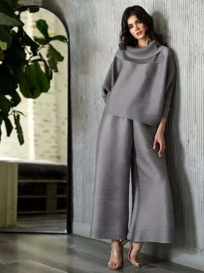 YUDX Miyake Pleated New Women's Fashion Clothing Set, Stand Up Collar Bat Sleeve Top, Wide Leg Pants Two-piece Set.