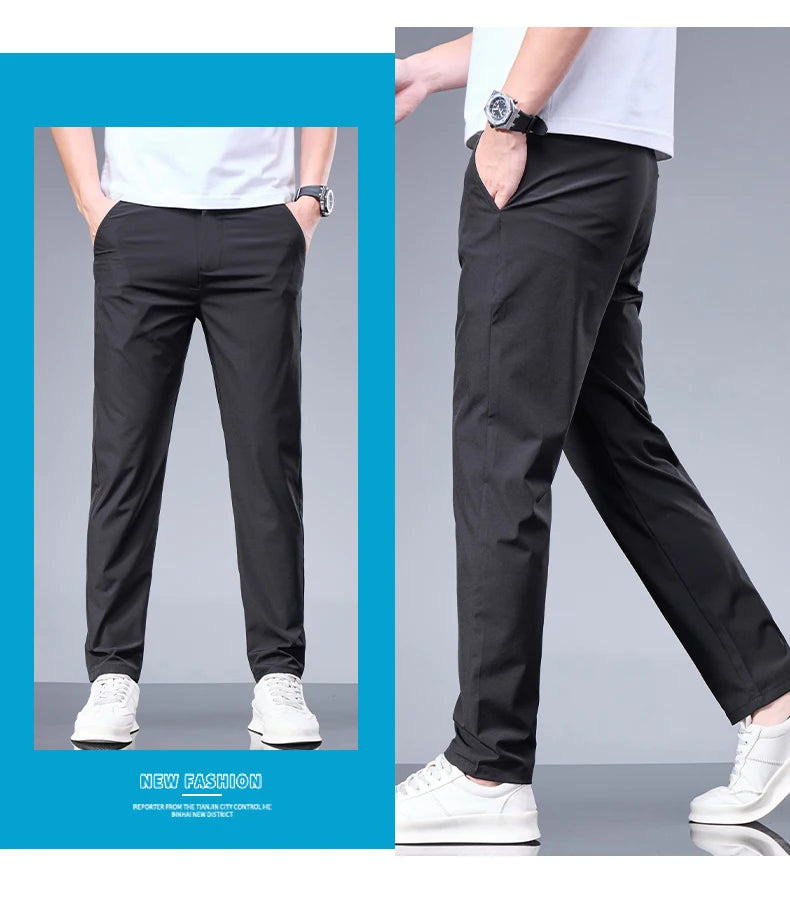 Summer New Business Ice Silk Pants Straight Elastic Waist Black Gray Trousers Breathable Simple Male Clothing Casual Suit Pants.