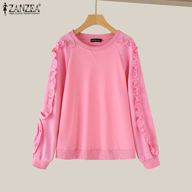 ZANZEA Plus Größe Frauen Solide Sweatshirts Herbst Rüschen Nähte Tops Vintage Oansatz Lässige Mode Lange Puff Sleeve Pullover.