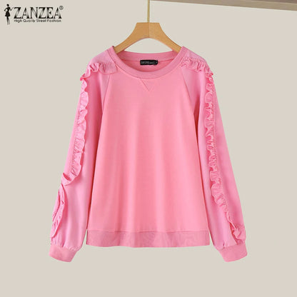 ZANZEA Plus Größe Frauen Solide Sweatshirts Herbst Rüschen Nähte Tops Vintage Oansatz Lässige Mode Lange Puff Sleeve Pullover.