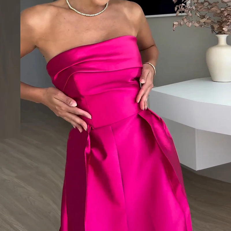 Sexy, elegant, schulterfrei, Satin, gespleißt, aushöhlen, Partykleid, Damen, Sommer, rückenfrei, rot, schick, Bankett-Abendkleider, 2025, neu.