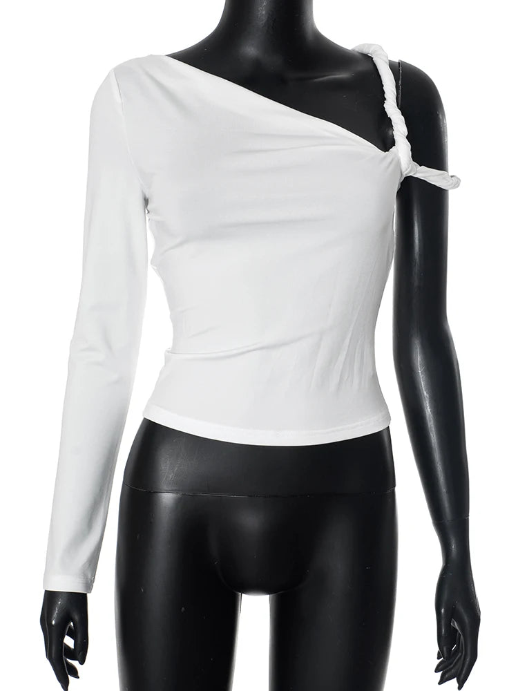 kliou Incline Shoulder Women T-shirts Classic New All-matched Single Sleeve Strap Skinny Crop Tees Mujer Chic Fashion Street Top.