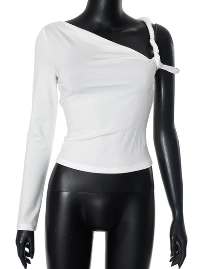 kliou Incline Shoulder Women T-shirts Classic New All-matched Single Sleeve Strap Skinny Crop Tees Mujer Chic Fashion Street Top.