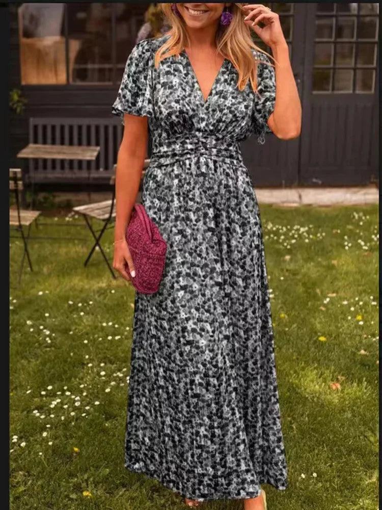 Shein 2024 Neues langes Damenkleid, elegantes bedrucktes, tailliertes Kleid mit V-Ausschnitt, modische Außenhandelskleidung.