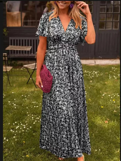 Shein 2024 Neues langes Damenkleid, elegantes bedrucktes, tailliertes Kleid mit V-Ausschnitt, modische Außenhandelskleidung.