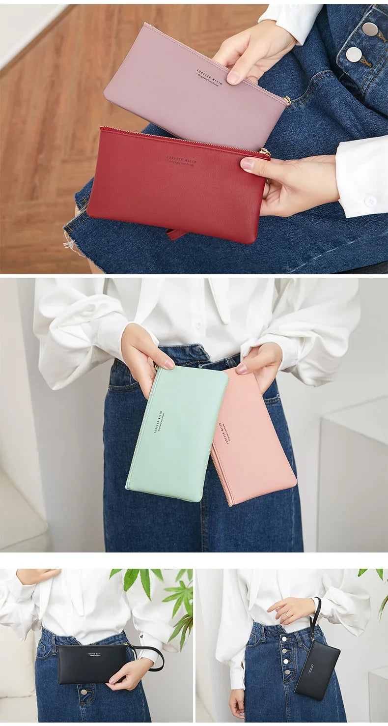 MIYIN Simple and Fashionable Women's Ultra Thin Long Wallet Solid Color PU Leather Zipper Wallet Large Capacity Portable Handbag.