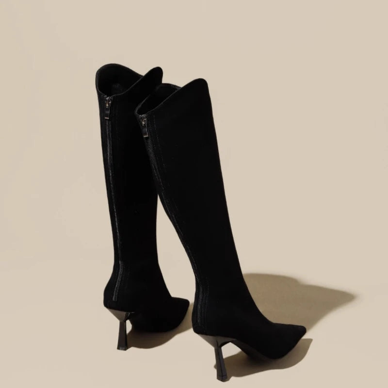 Vintage Pointed Toe Women Stretch Slim High Boots Fashion Back Zippers Shoes Autumn Winter High Heel Ladies Knight Long Booties