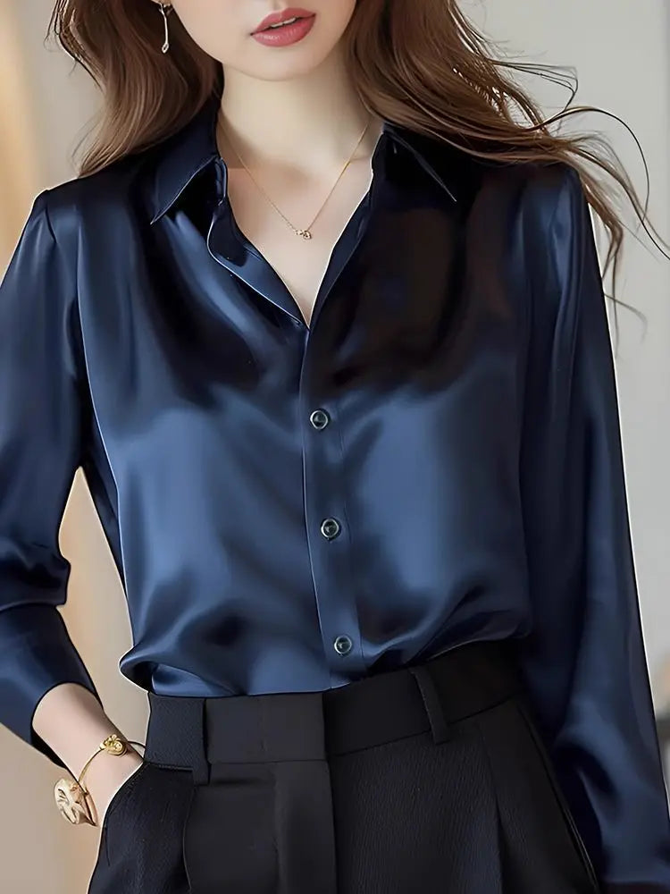 Elegant Silk Office Shirts Women Korean Fashion Y2k Clothes Slim Long Sleeve White Black Blusas Mujer Workwear Tops and Blouses.