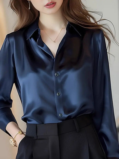 Elegant Silk Office Shirts Women Korean Fashion Y2k Clothes Slim Long Sleeve White Black Blusas Mujer Workwear Tops and Blouses.