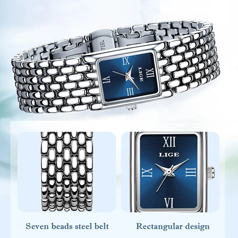 LIGE Silver Watch for Women Square Ladies Quartz Wristwatches Stainless Steel Women Small Gold Watch Luxury Casual Fashion Watch.