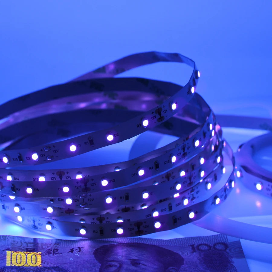 UV LED Strip Light 12/24V 60/120/240LEDS/M Ultraviolet LED Diode Ribbon SMD 2835 Purple Flexible Tape for DJ Fluorescence.