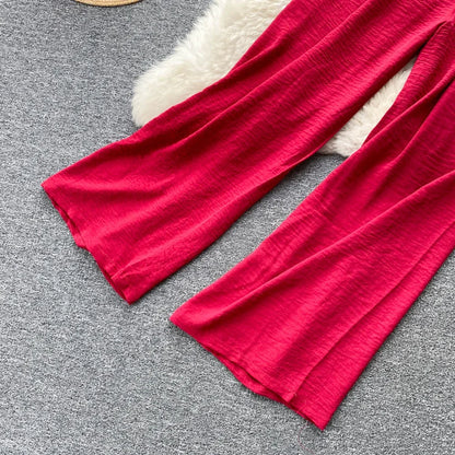 2024 Summer Green/Black/Red Two Piece Set Women Sexy Slash Neck Short Tops + High Waist Wide Leg Pants Female Suit New.