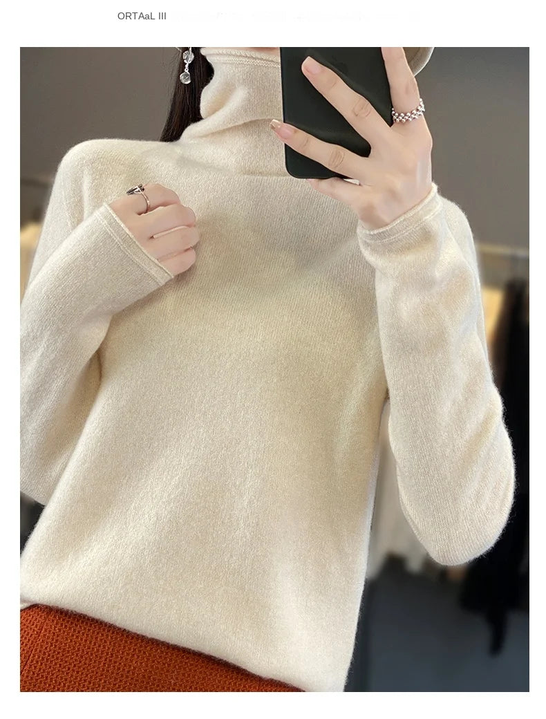 2025 100% Merino Wool Sweater Elegant Cashmere Pullover Women Pile Collar Long Sleeve Knitwear Basic Clothing  Jumper Tops.