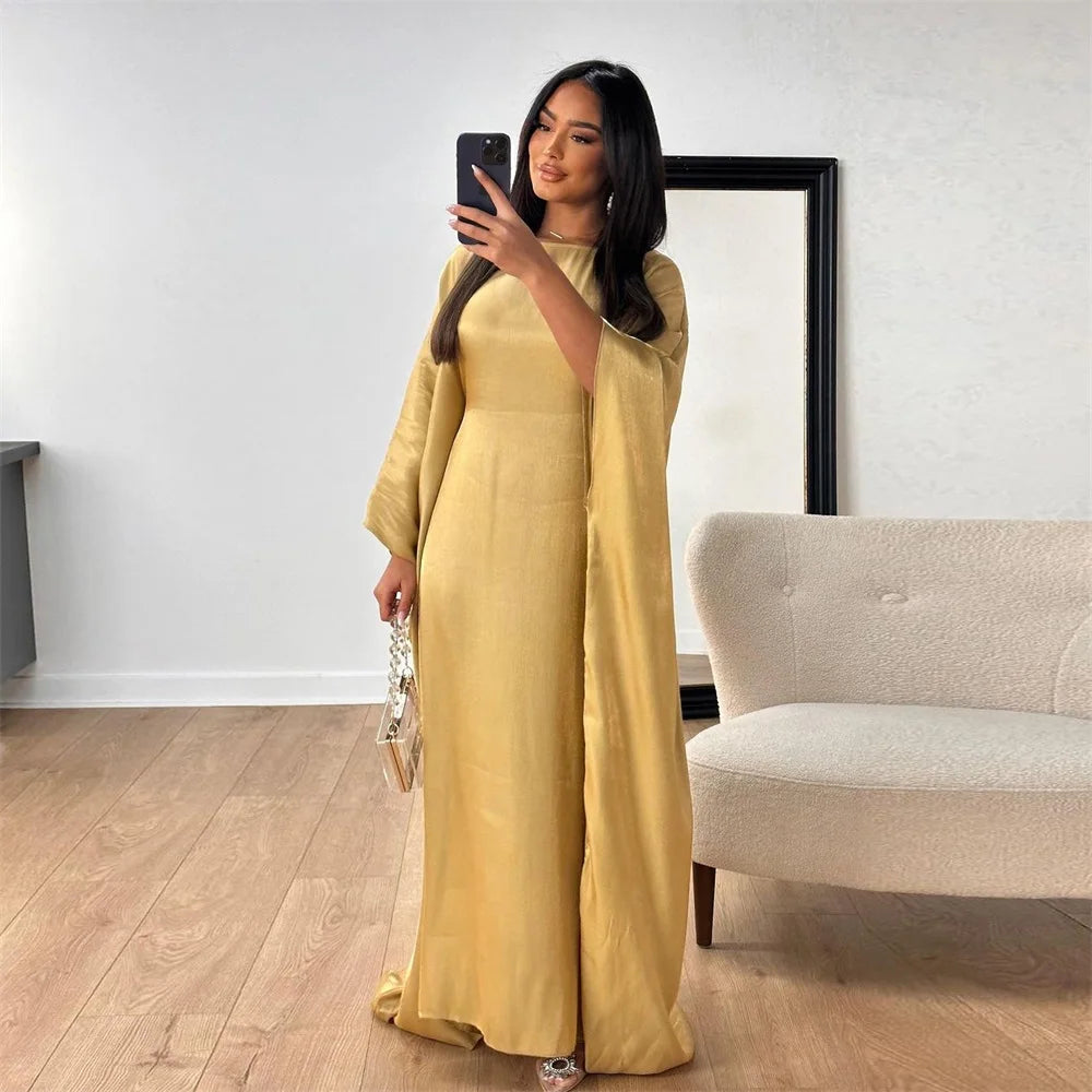 Siskakia Muslim 2024 New Eid Dresses Solid Shiny Satin Batwing Sleeve Modest Kebaya Turkish African Women Abayas Saudi Clothing.