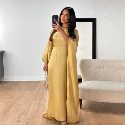 Siskakia Muslim 2024 New Eid Dresses Solid Shiny Satin Batwing Sleeve Modest Kebaya Turkish African Women Abayas Saudi Clothing.