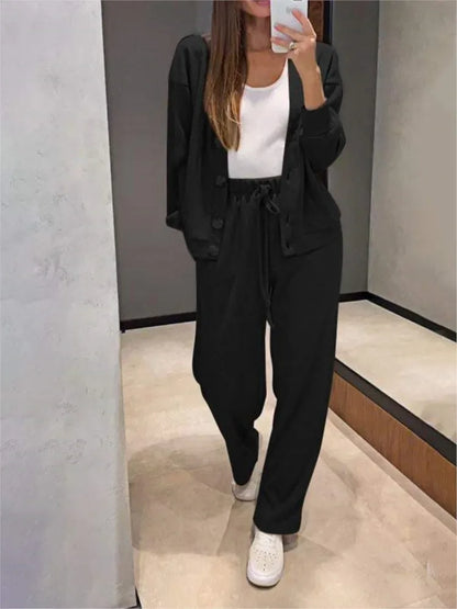 Autumn Fashion Knitted Cotton Women's Sports Jacket Suit Simple Trousers Pocket Casual Cardigan Elegant 2-piece Set Female