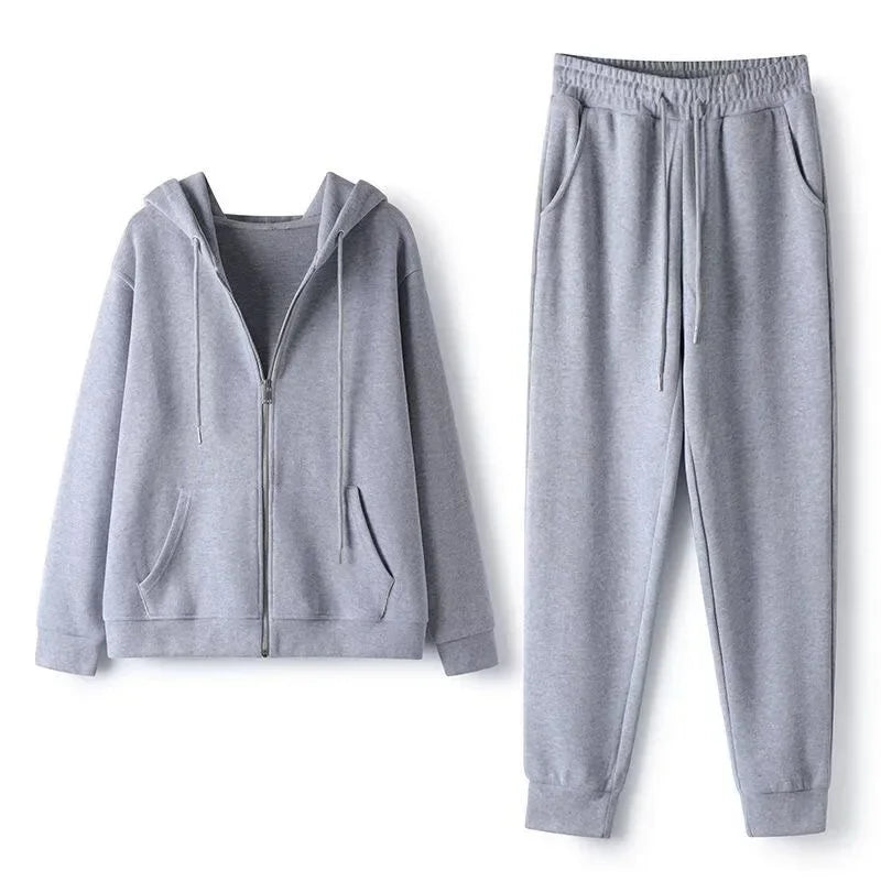Pure Color Sportswear Set Hooded Open Cardigan Men's Women's Couple Sweatshirt Two-Piece Set for Autumn Winter Spring.