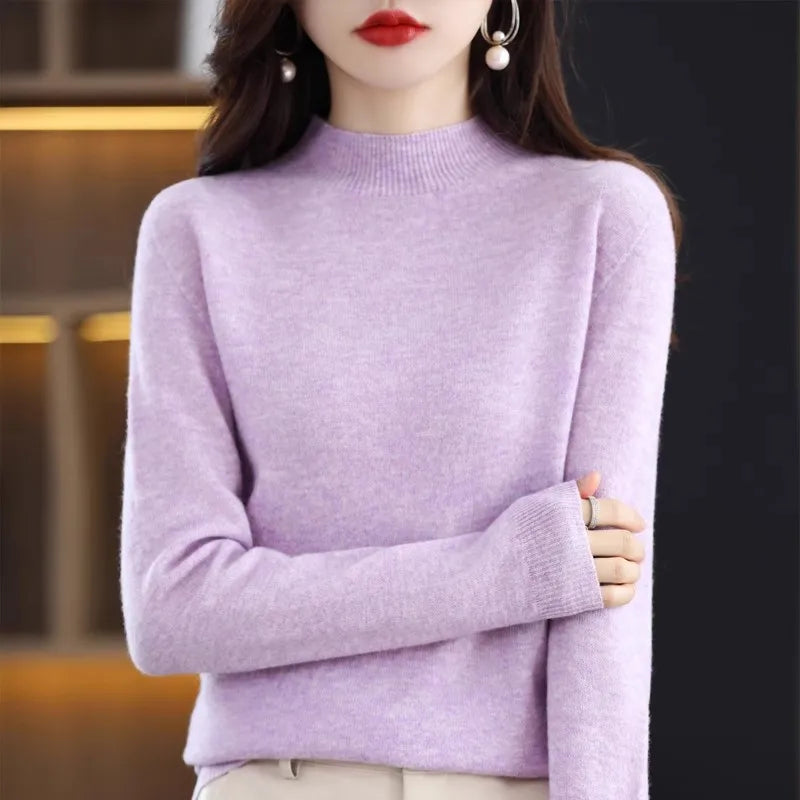 Herbst Winter Frauen Pullover Koreanische Mode Warme Bodenbildung Shirts Halb Hohe Kragen Grundlegende Strickwaren Solide Langarm Pullover