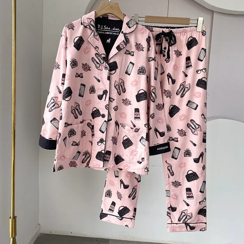2025 New Pajamas Suit Cotton 2 Piece Set Women Print Cartoon Nightwear Long Sleeve Trousers Set Autumn Loungewear Home Clothes