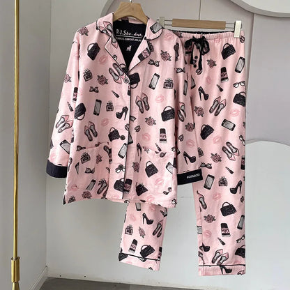 2025 New Pajamas Suit Cotton 2 Piece Set Women Print Cartoon Nightwear Long Sleeve Trousers Set Autumn Loungewear Home Clothes