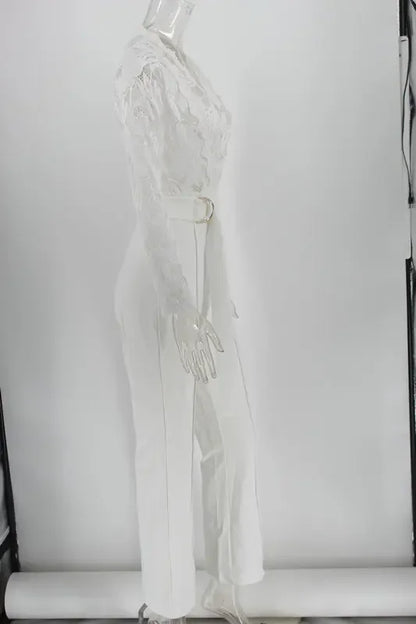 White Lace Jumpsuit Women Sexy V Neck Lace-up Stitching Long Sleeve Wide Leg Long Pants Office Lady Romper Overalls Jumpsuits.