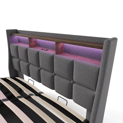 VSOGA Polsterbett mit USB 90/140/160 x200 cm, LED-Doppelbett mit Metallrahmenlatten, Bettrahmen aus Leinen (mit Matratze)