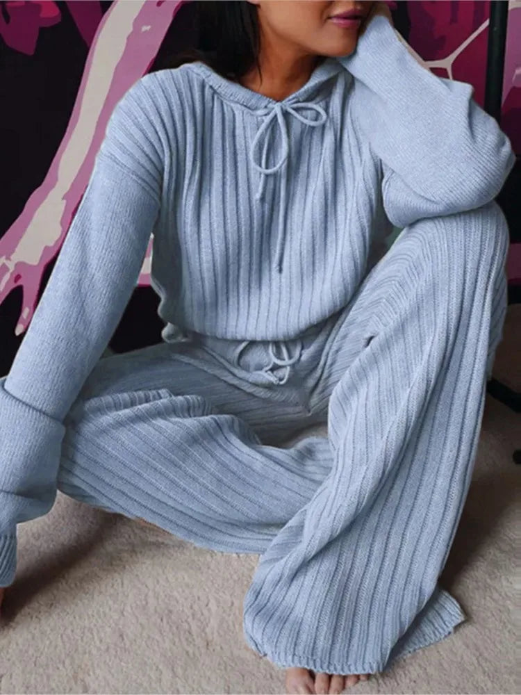 Autumn New Knitted Cotton Sliver Hooded Women's Long Pants Suit Casual Fashion Drawstring Lace Up Pants Female 2 Piece Set 2025