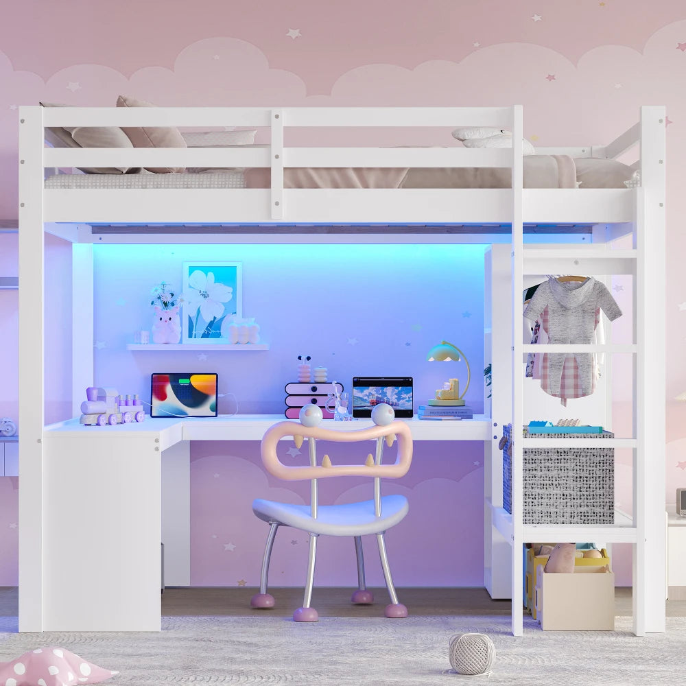 Modernes Kinder-Hochbett 140 x 200 mit Multifunktionsregalen, Unterbett-Schreibtisch, LED-Licht und USB, Kleiderschrank mit Stauraum, für Schlafzimmer