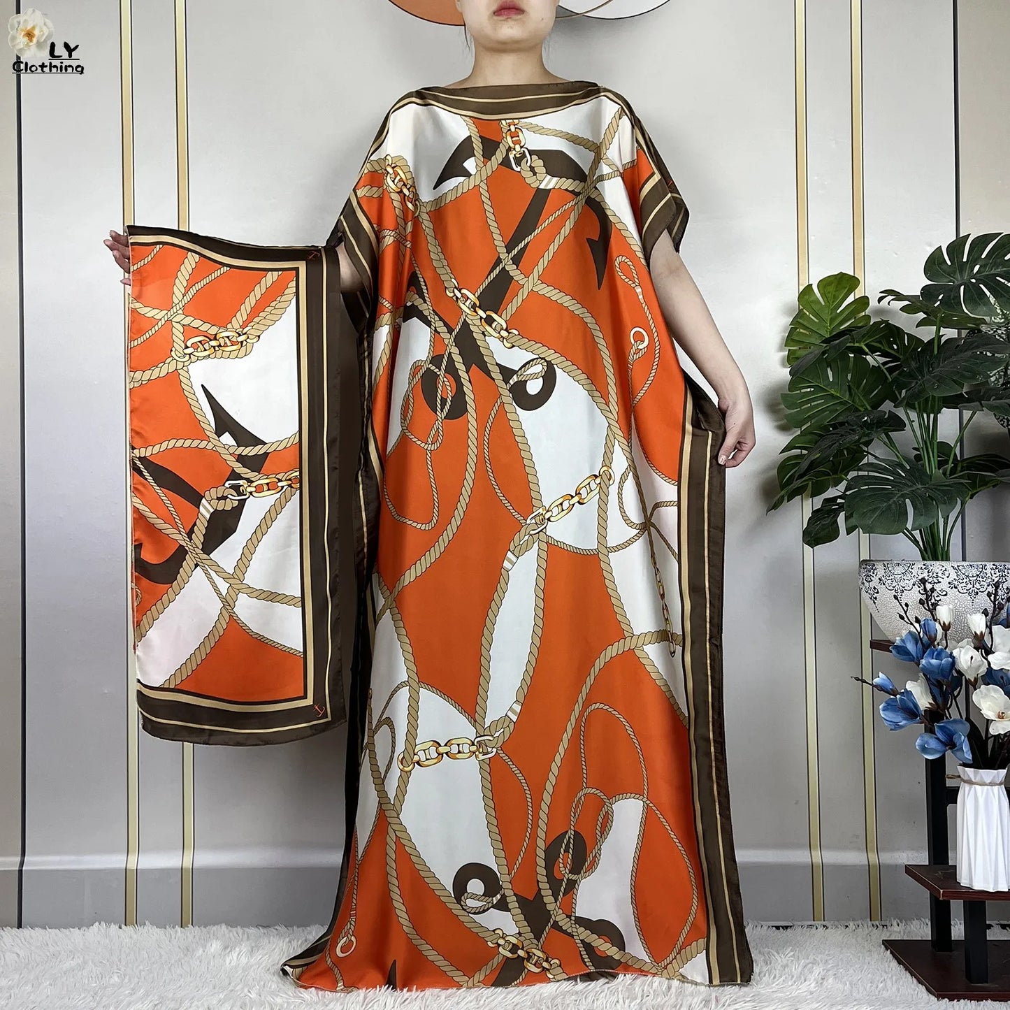 2024 New Dubai Summer Fashion For Women Printed Silk Soft Loose Femme Robe African Islam Maxi Woman Casual Dresses With Turban