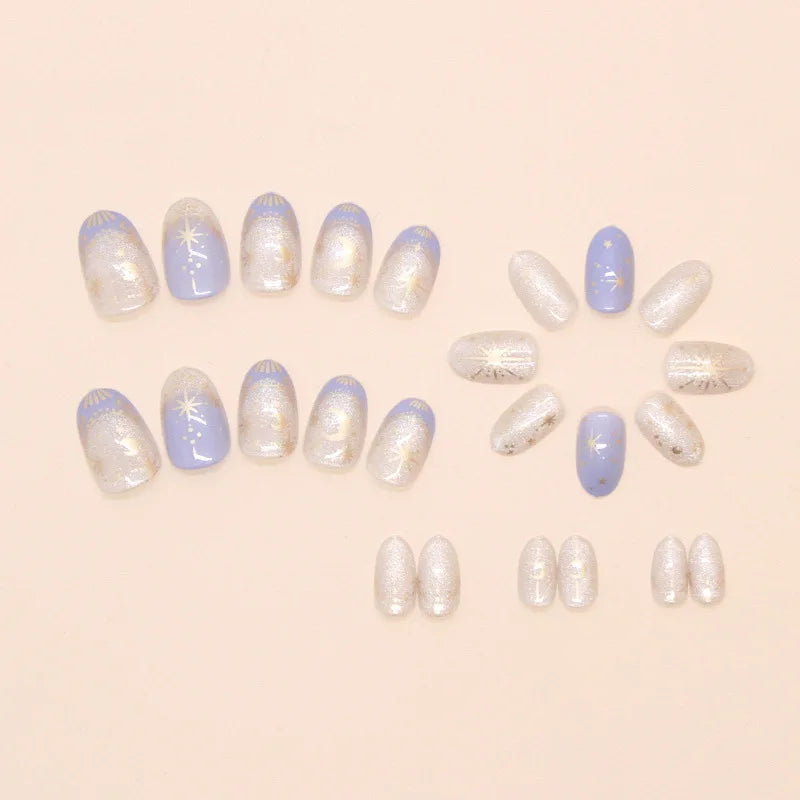 24pcs Romantic Y2k Star Press On Nails Gradient Blue French Style Gold Moon Designs Fake Nail Sweet Almond False Nails For Women.