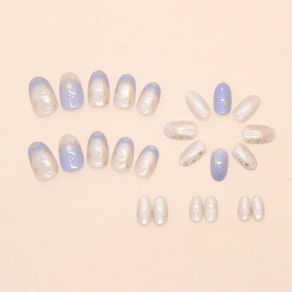 24pcs Romantic Y2k Star Press On Nails Gradient Blue French Style Gold Moon Designs Fake Nail Sweet Almond False Nails For Women.