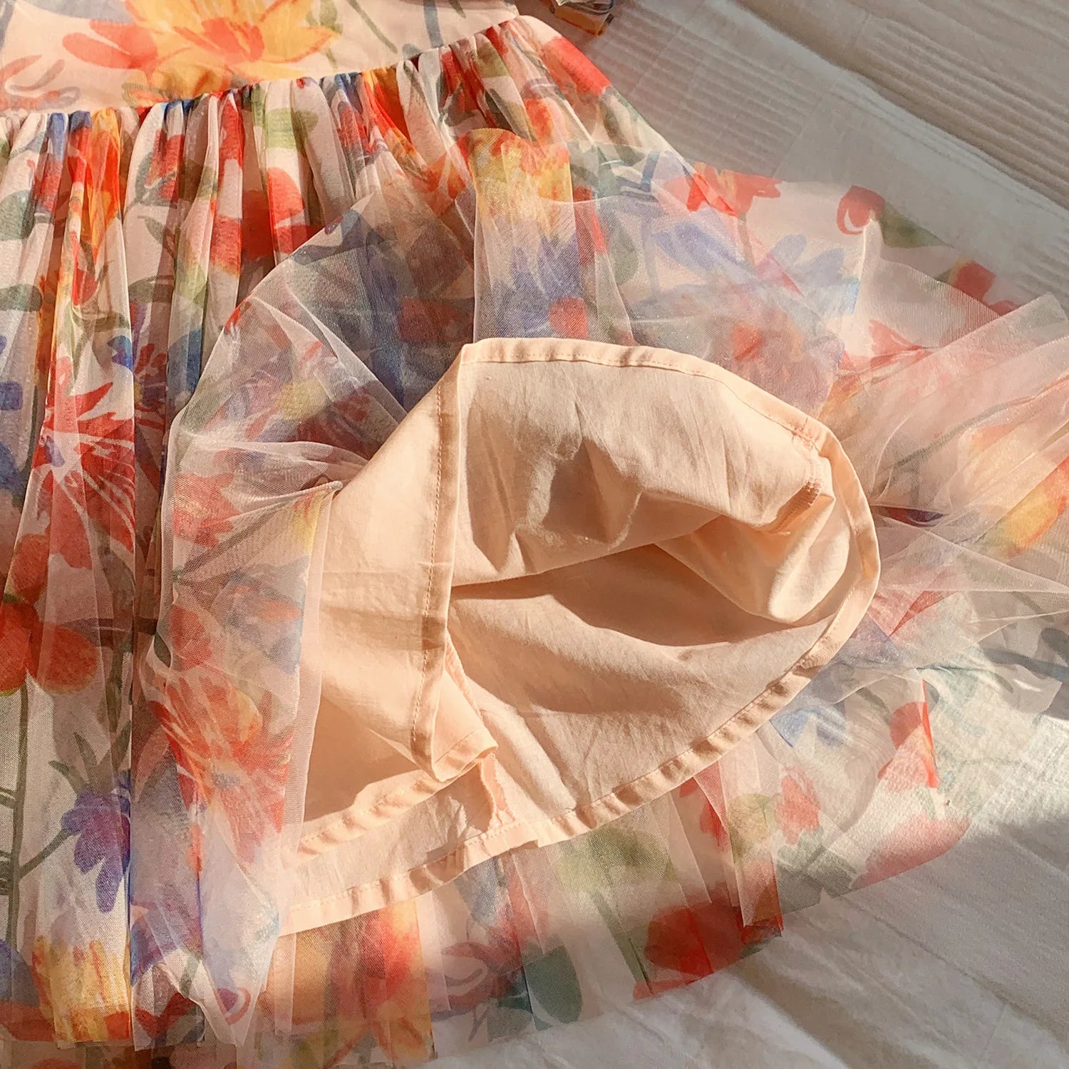 2023 sommer Kinder Kleidung Puff Sleeve Blumen Druck Kleid Für Mädchen Mesh Kinder Kleid für Mädchen.