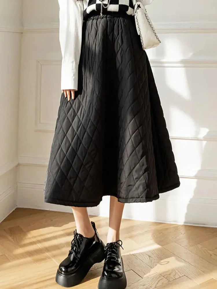 Autumn Winter Cotton Quilted Skirt Warm Womens A-line Faldas Vintage Thicken High Waist Saias Korean Fashion Knee-length Skirts.