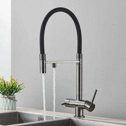 Gray Filtered Kitchen Faucet Dual Spout Hot Cold Mixer Purification Water Crane Filter Water Faucet Deck Mount