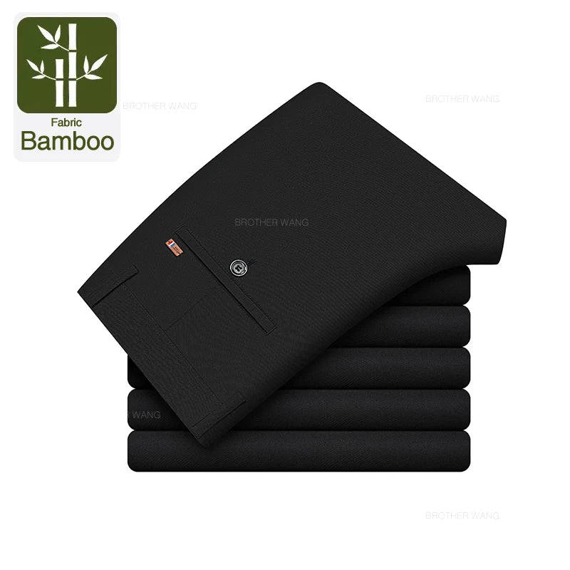 Bamboo Fiber Fabric Men's Casual Pants Summer New Ultra-thin Elastic Soft Straight Business Trousers Classic Black Khaki Gray