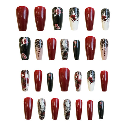 24pcs/set Medium long square fake nails for women girls cute heart flowers feather butterfly design press on false nail art tips