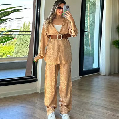 2024 Autumn White Satin Wide Leg Trousers Suit For Women Office Leopard Print Two-Piece Set Home Tracksuit Female Pajamas Sets.