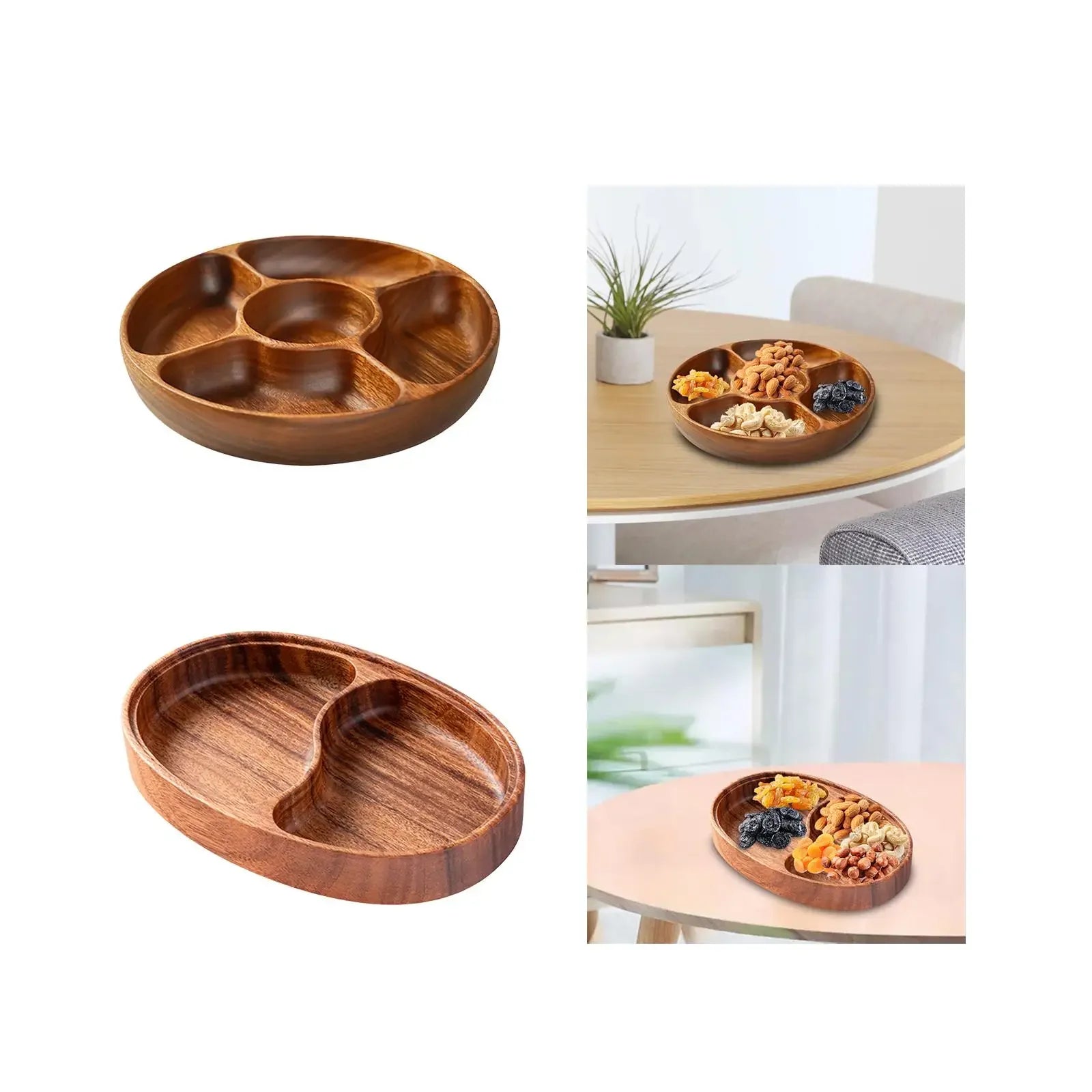 Divided Serving Tray Snack Tray Candy Bowl Fruit Plate Appetizer Platter Wood for Farmhouse Kitchen Nut Bread Dining Room.