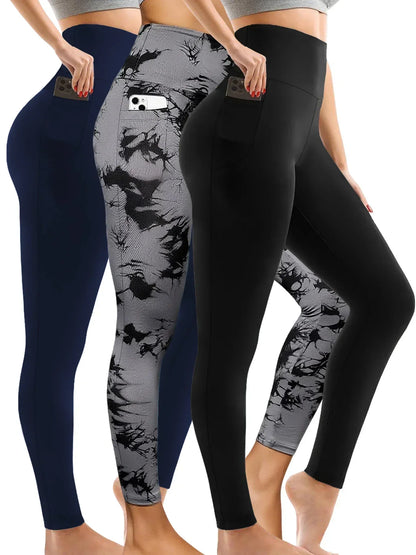 3 Pack Super Soft Leggings with Pockets for Women, High Waisted Tummy Control Workout Yoga Running Pants Leggings.