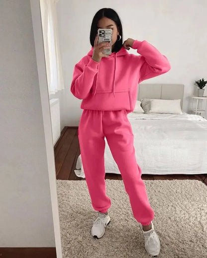 Women's Pocket Long-sleeved Hooded Sweatshirt Casual Set Autumn Winter New Solid Color Loose Sport Long Pants 2 Piece Set Female