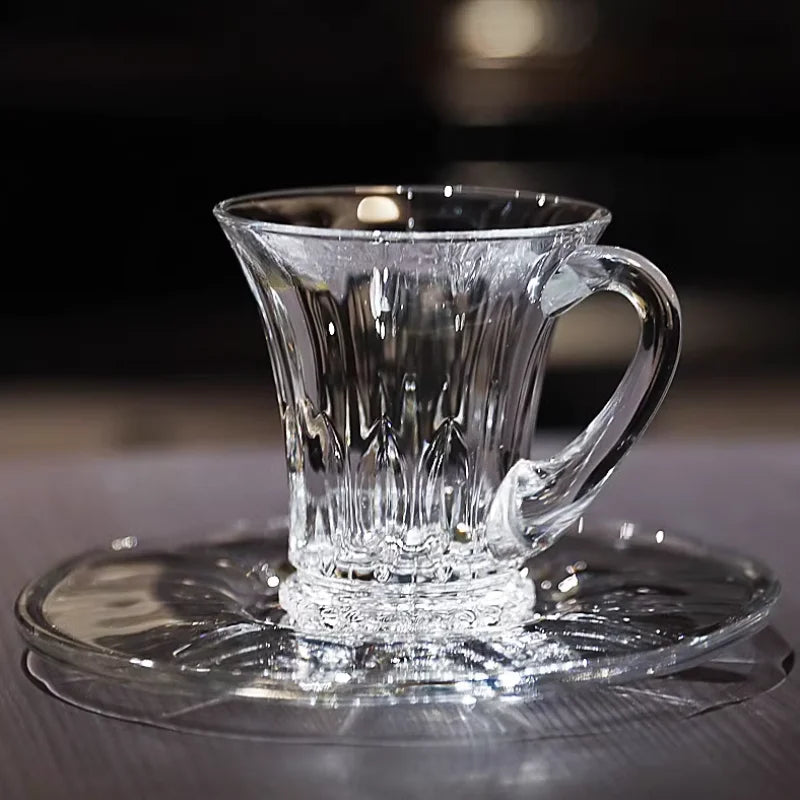 Crystal Glass Cappuccino Hot Drink Coffee Cup Simplicity Household Creative Transparent Flower Tea Hot Drink Cup and Saucer Set.