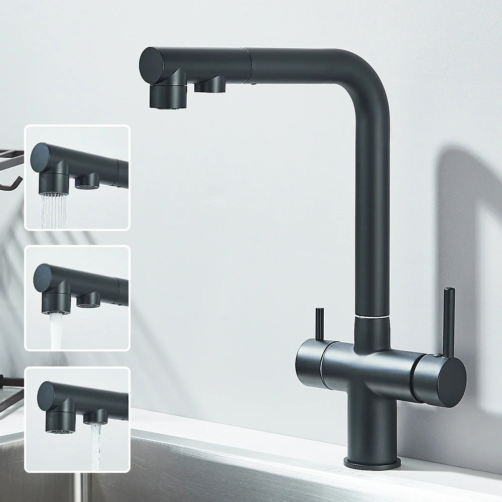 Filtered Kitchen Sink Faucet Pull Out Spray 360 Rotation Water Filter Tap Dual Sprayer Drinking Water Tap Vessel Sink Mixer