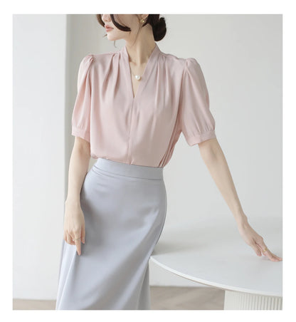 2025 Fashion Summer Short Sleeve V-Neck Women Blouse White Blouse Shirt Women Tops Blouses Shirts Blusas De Mujer Camisas P856