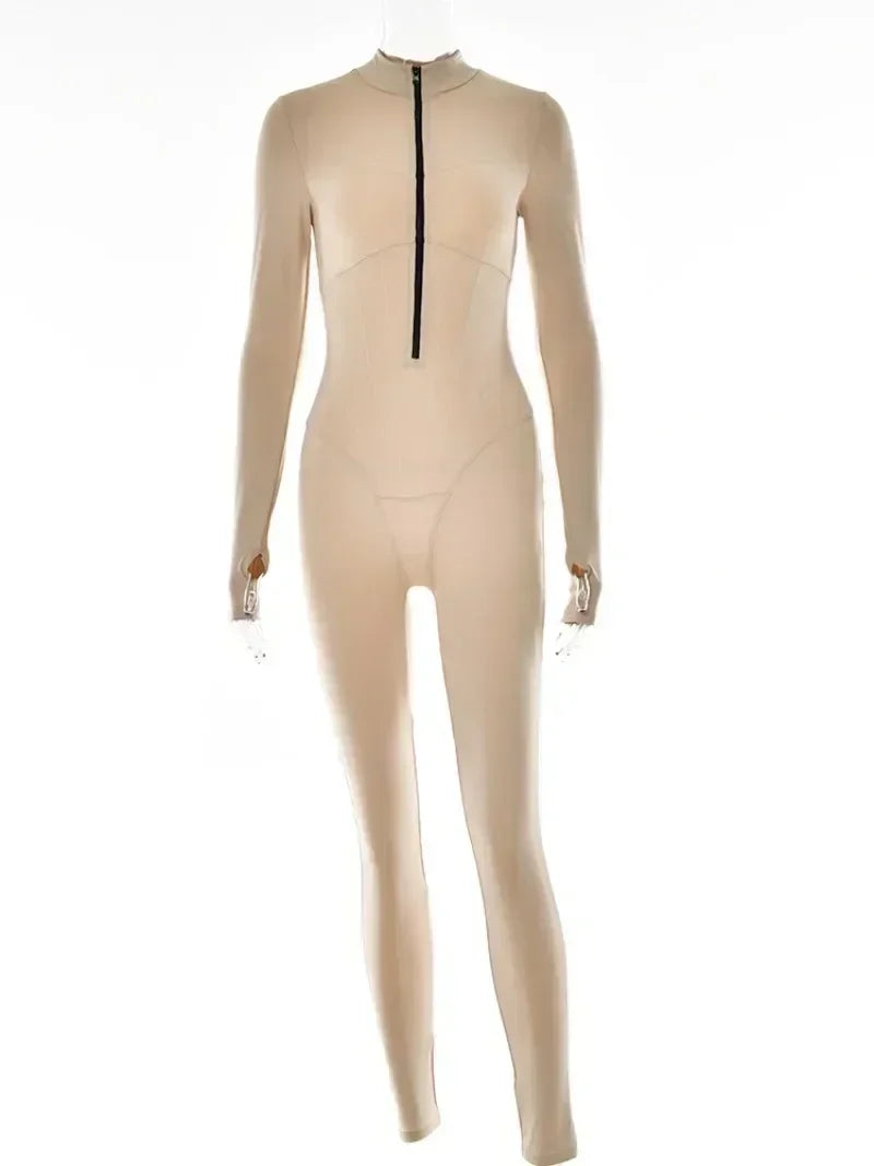 Elegant Women Zip-up O-neck Long Sleeve Jumpsuit Streetwear 2025 Summer Autumn Female Overalls One Piece Fitness Sports Bodysuit