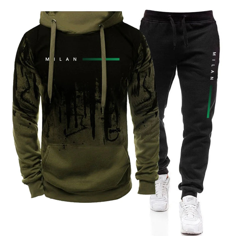 Men's Fashion Tracksuit Hooded Sweatshirts and Black Sweatpants Autumn Winter Casual Sports Jogging Suit Gym Hoodies Outfits.
