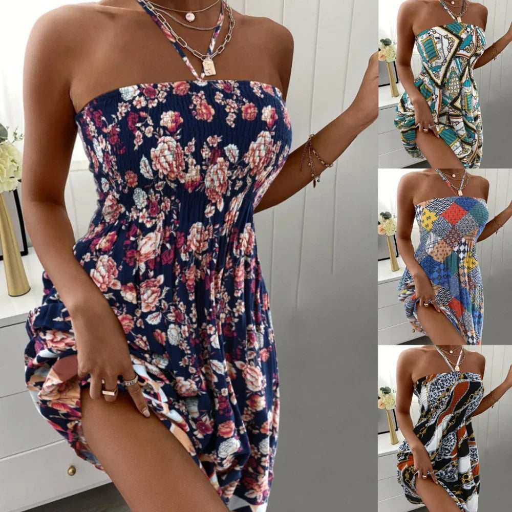 Sommer Sexy Neckholder Ärmellose Minikleider Für Frauen Boho Blume Gedruckt Strandkleid Damen Strap Neck Casual Urlaubskleid.